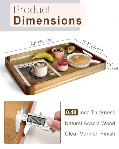 OurMiao 22 Inches Acacia Wood Serving Tray with Handles, Large Wooden Rectangle Ottoman Tray, Nice Home Decor for Living Room Coffee Table Couch, Ideal Size for Serving Food Breakfast BBQ Party