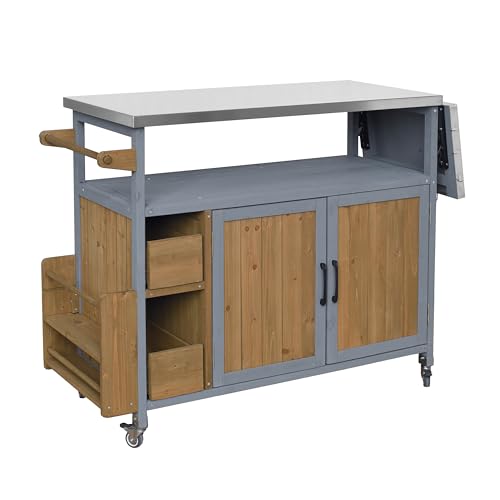 Christopher Knight Home Edsel Outdoor Bar Cart with Stainless Steel Top and Lockable Wheels, Solid Wood Outdoor Storage Cabinet, Kitchen Island Serving Cart for Poolside, Walnut Brown+Blue Gray