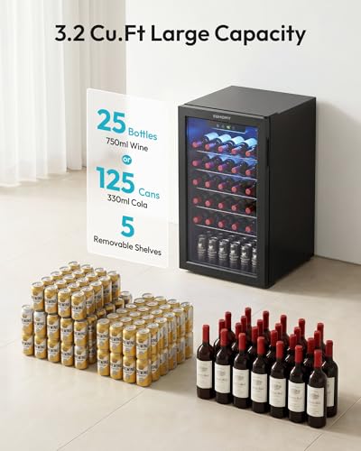 EUHOMY 125 Can Wine Cooler Refrigerator, Wine Fridge Glass Door, Black
