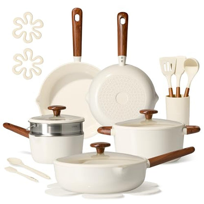 CAROTE 21pcs Cookware Set Nonstick Pots and Pans Set, Ceramic Cookware Set Induction Cookware, Non toxic Healthy Non Stick Kitchen Cooking Set, PFAS PTFE Free, White