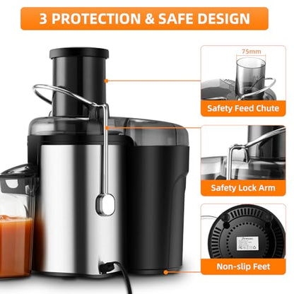 Panana Centrifugal Juicer Extractor with Wide Mouth 2.5” Feed Chute for Fruit Vegetable, Easy to Clean, Stainless Steel, BPA-free (Silver)