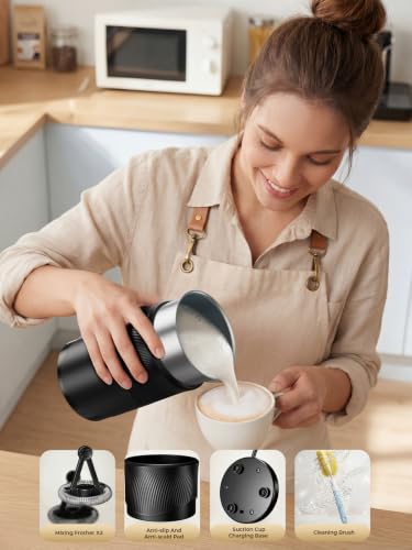 Ecoflarix Large Capacity Milk Frother: 4-in-1 Electric Milk Steamer 350ml, 7700RPM High Speed, 120s Fast Frothing, 𝐇𝐨𝐭 & 𝐂𝐨𝐥𝐝 Foam Maker, Helpful Stainless Steel for Latte - Grayish Black