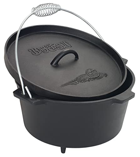 Bayou Classic Pre-Seasoned Cast Iron Dutch Oven w/ Feet Features Flanged Camp Lid Stainless Coil Wire Handle Grip, 8-qt Perfect For Baking Frying One-Pot Meals Stews and Chili