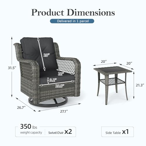 Mvpipi Patio Bistro Sets 3 Pieces with 360° Swivel Chairs Set of 2 - Outdoor Patio Furniture Set with PE Wicker Chairs and Side Table, Patio Conversation Sets for Porch, Garden, Balcony, Dark Gray