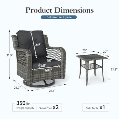Mvpipi Patio Bistro Sets 3 Pieces with 360° Swivel Chairs Set of 2 - Outdoor Patio Furniture Set with PE Wicker Chairs and Side Table, Patio Conversation Sets for Porch, Garden, Balcony, Dark Gray