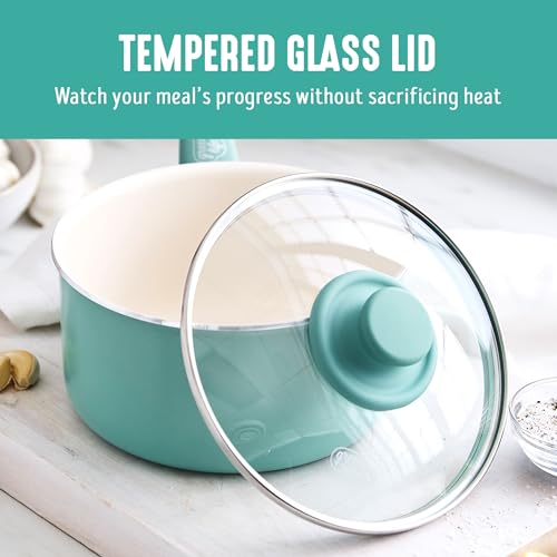 GreenLife 2.5QT Nonstick Saucepan with Glass Lid, Soft Grip, PFAS-Free Ceramic, Multipurpose Chef Pan, Milk & Sauce Cooking Pot, Dishwasher & Oven Safe to 350˚F, Stay-Cool Handle, Turquoise