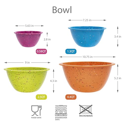 bzyoo Confetti Nesting Mixing Bowls Set - 4-Piece Colorful Kitchen Bowls (18oz, 1.25QT, 2.5QT, 4QT) - BPA-Free, Dishwasher Safe, Space-Saving Design Vibrant Color