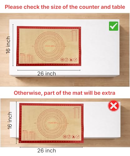 LYCIAN WAY Silicone Pastry Mat with Measurements, 26 x 16 Inch Extra Thick Non-Slip Nonstick Large Baking Mat for Dough Rolling, Kneading, Fondant and Pie, Red