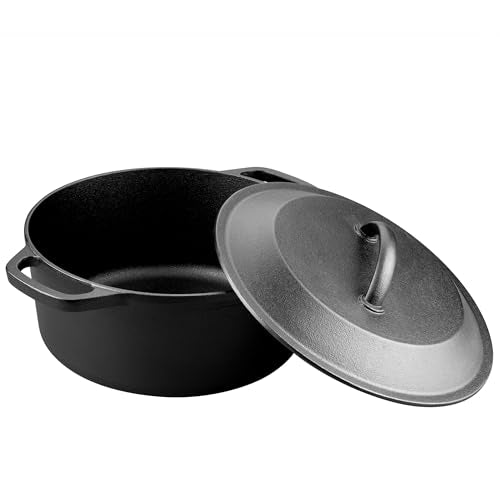 VORRINGARD Pre-Seasoned Cast Iron Dutch Oven with Lid, Round and Dual Handles, for Stovetop, Camping, Grill, Induction, Electric, Black, 3 qt
