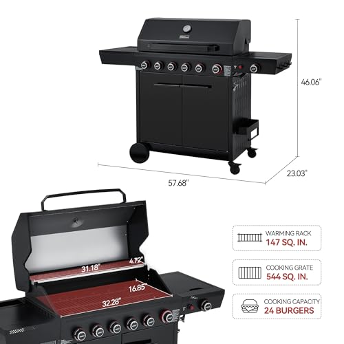 Royal Gourmet GE6001H 6-Burner Gas Grill, 72,000 BTU, 691 Sq. In. Cooking Area, with Sear and Side Burner, Side Shelf with hooks, spice basket, Movable Cabinet Style Grill for Outdoor Grilling, Black