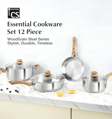KOCH SYSTEME CS Stainless Steel Pots and Pans Set, Professional 18/10 Cookware Set Pots and Pans Set 12PCS with Cool-Touch Bakelite Handles, Tri-ply Base Kitchen Cookware Sets, Induction Compatible