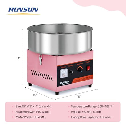 ROVSUN 15 Inch Cotton Candy Machine Commercial, Candy Floss Maker Electric Cotton Candy Maker w/Stainless Steel Bowl & Sugar Scoop for Home Party Carnival Birthday (Pink)