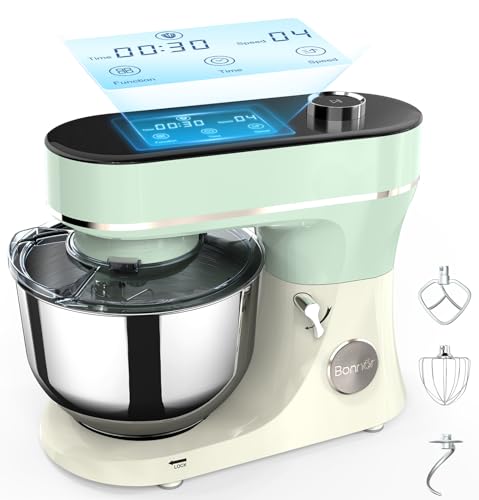 Bonnor Stand Mixer 6QT Kitchen Mixer with LED Smart Touchscreen, 11-Speed Tilt-Head Mixer with Timer, 4 Preset Menus, Stainless Steel Bowl, Dough Hook, Whisk, Beater (Green, 6Qt)