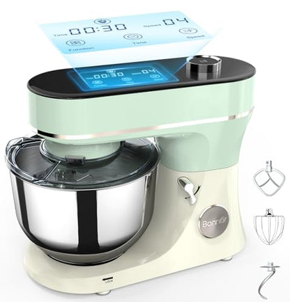 Bonnor Stand Mixer 6QT Kitchen Mixer with LED Smart Touchscreen, 11-Speed Tilt-Head Mixer with Timer, 4 Preset Menus, Stainless Steel Bowl, Dough Hook, Whisk, Beater (Green, 6Qt)