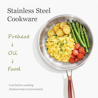 CAROTE 10" Tri-Ply Stainless Steel Deep Frying Pan with Lid, Non-Toxic Saute Pan, Oven Safe, Induction, Ceramic and Gas Cooktops Compatible, Silver