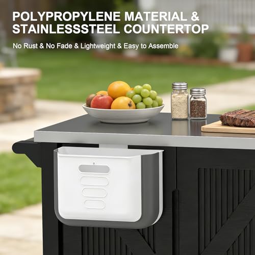 IWDOO Outdoor Kitchen Island with Storage Cabinet, Movable Grill Cart with Stainless Steel Countertop, 4 Swivel Wheels, PP Material Rolling BBQ Food Prep Table Cart for Patio, Poolside, Black