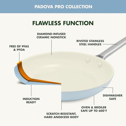 GreenPan Padova Pro 10 Piece Cookware Pots and Pans Set, Hard Anodized Healthy Ceramic Nonstick PFOA and PFAS-Free, Induction Suitable, Stainless Steel Handles, Dishwasher and Oven Safe, Blue Haze