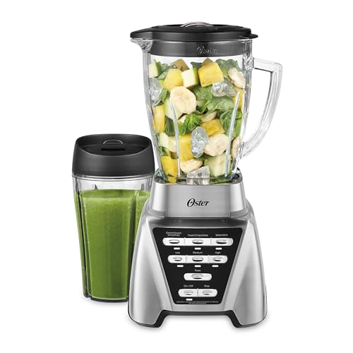 Oster Pro 1200 Smoothie Blender with Glass Jar & 24oz To-Go Cup, Countertop Kitchen Blender with 7 Speeds, 1200W Power, Brushed Nickel