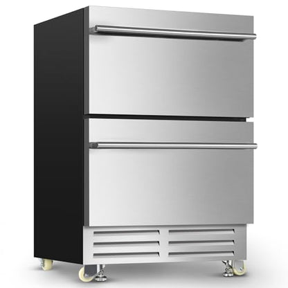 24 Inch Dual Drawer Fridge Under Counter with Wheels, Outdoor Beverage Refrigerator for Patio, Stainless Steel Weather-Proof, Freestanding or Built-In Installation, Ideal for Home and Commercial Use