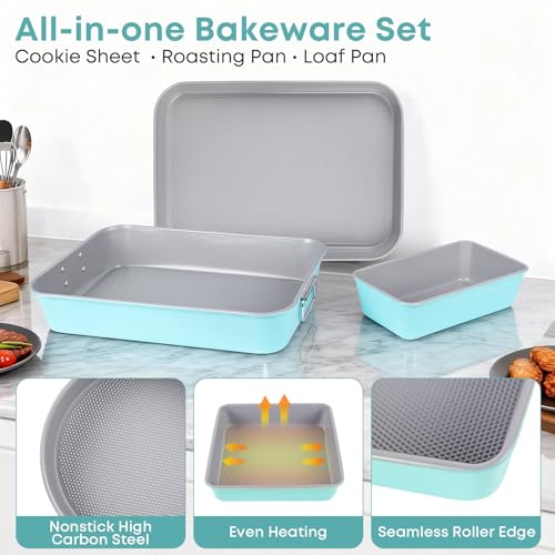 Spmarkt 21-pieces Stackable Nonstick Bakeware Set, PTFE/PFOA/PFOS Free Baking Pans Set with Silicone Cup, Oven Mitt, Complete Kitchen Baking Kit for Cake & Loaf, Cookies, Cupcakes