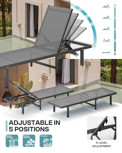 Oasbira Aluminum Outdoor Lounge Chairs Set of 2, Pool Lounge Chairs with Wheels and 5-Position Recliner -Easy to Move- Patio Chaise Lounge Outdoor for Poolside, Deck, Beach (Darkgray)