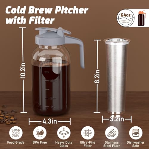 JunVpic Cold Brew Coffee Maker, 64 oz Glass Mason Jar Pitcher