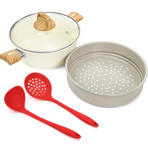 WUWEOT 4 Qt Ceramic Stock Pot, Nonstick Soup Pot, Non-toxic Healthy Cooking Cookware, Multipurpose Dutch Oven with Steamer Basket and Wooden Handle, Universal Base (Gas, Electric & Induction)