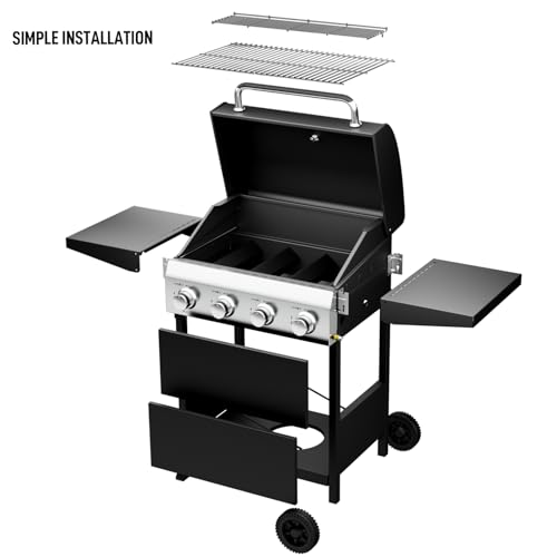 ROVSUN 4-Burner Propane Gas BBQ Grill with Foldable Side Tables & Enameled Cast Iron Grates, 40,000 BTU Barbecue Grill with Portable Wheels for Outdoor Patio Backyard Cooking Grilling, Black