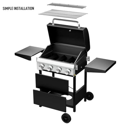 ROVSUN 4-Burner Propane Gas BBQ Grill with Foldable Side Tables & Enameled Cast Iron Grates, 40,000 BTU Barbecue Grill with Portable Wheels for Outdoor Patio Backyard Cooking Grilling, Black