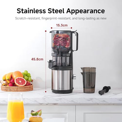 Cold Press Juicer Machine with 6" Extra-Wide Feed Chute,Triple Stainless Steel Filter,Quiet DC Motor,Easy to Clean,Slow Masticating Juicer High Juice Yield, Grey