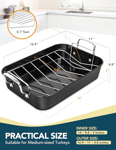 MICHELANGELO Carbon Steel Roasting Pan with Rack, Turkey Roasting Pan 15 Inch x 11 Inch, Nonstick Turkey Roaster Pan with Stainless Steel Rack, Induction Compatible