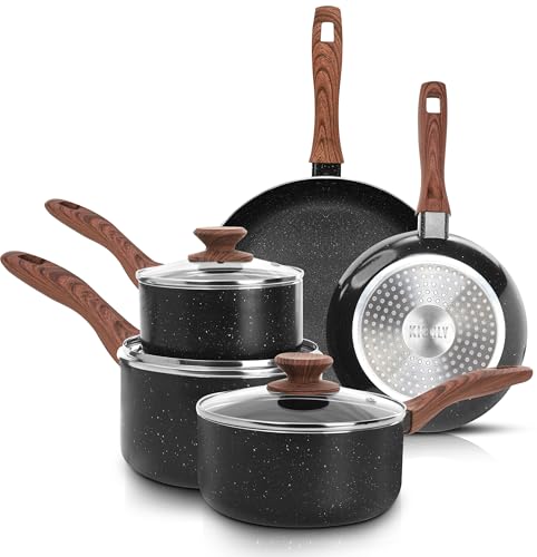 KICHLY Granite Pots and Pans Set Non Stick 8 Piece Cookware Set, Induction Frying Pans, Saucepan with Lids, Induction Compatible Cookware, PFOA-Free Non-Stick Cooking Set, Black