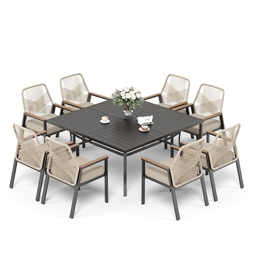 9 Pieces Patio Dining Set, 8 x Woven Rattan Chairs with Waterproof Cushion, 60" Square Metal Dining Table with Umbrella Hole, Outdoor Table and Chairs Set for Backyard Lawn and Deck, Beige