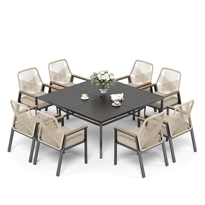 9 Pieces Patio Dining Set, 8 x Woven Rattan Chairs with Waterproof Cushion, 60" Square Metal Dining Table with Umbrella Hole, Outdoor Table and Chairs Set for Backyard Lawn and Deck, Beige