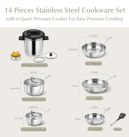 KOCH SYSTEME CS 14 Piece Stainless Steel Cookware Set with Pressure Cooker, Stainless Steel Pressure Cooker with Pots and Pans Set, 18/10 Stainless Steel Cookware Set, Induction Ready