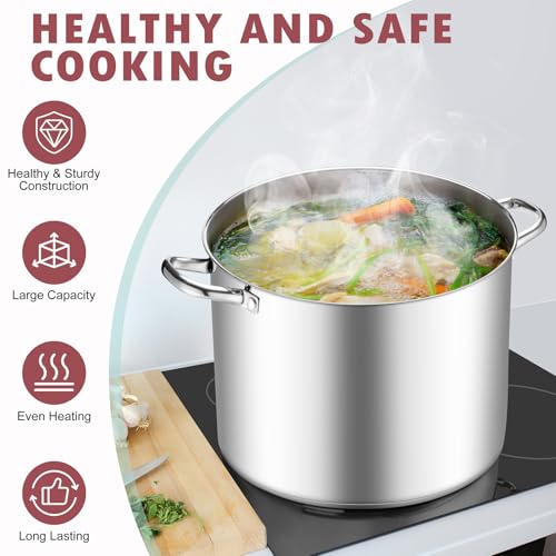 TeamFar 20QT Stock Pot, Stainless Steel Stockpot Large Induction Cooking Pot with Lid & Tri-ply Bottom, for Soup Seafood Cooking, Sauce Canning, Non Toxic & Heavy Duty, Various Stovetops Suitable