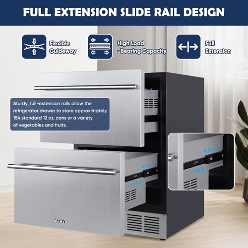 MZAVP 24 Inch Double Drawer Fridge, Stainless Steel Outdoor Beverage Refrigerator for Patio and Kitchen, Freestanding or Built-In, Mobile Grid Organizer, Home and Commercial Use