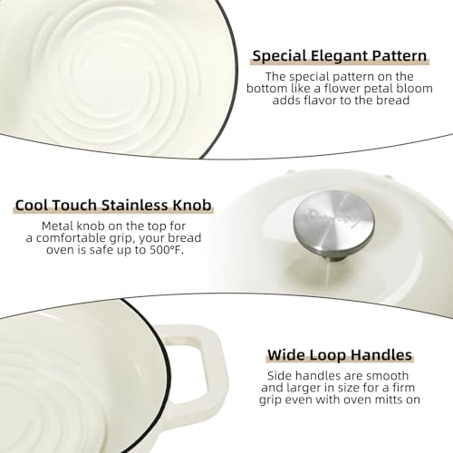 Davivy 5QT Dutch Oven for Sourdough Bread, Enamel Cast Iron Bread Pan, Round Sourdough Pan Bread Dutch Oven Bread Cloche with Slicone Oven Mitts - White