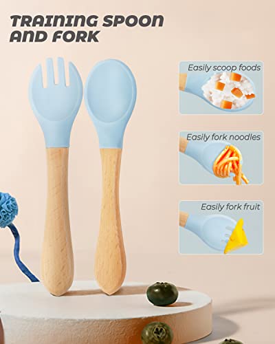 10 Pieces Bamboo Baby Spoons & Baby Forks Set, Chewable Baby Utensils for Self-Feeding, Bamboo and Silicone Baby Utensils, Kids Utensils for Over 6 Months Babies