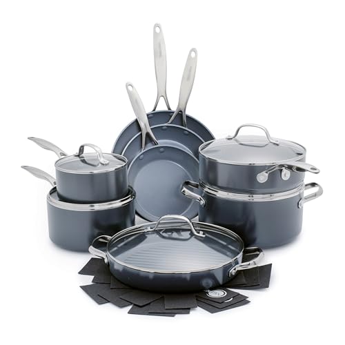 GreenPan Valencia Pro Ceramic Nonstick 13 Piece Cookware Set, Hard Anodized PFAS-Free Pots & Pans, Induction Ready, Compatible on All Cooktops, Dishwasher Safe, Oven Safe to 600F, Gray