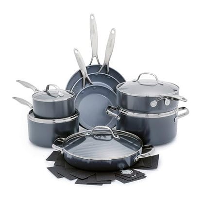 GreenPan Valencia Pro Ceramic Nonstick 13 Piece Cookware Set, Hard Anodized PFAS-Free Pots & Pans, Induction Ready, Compatible on All Cooktops, Dishwasher Safe, Oven Safe to 600F, Gray