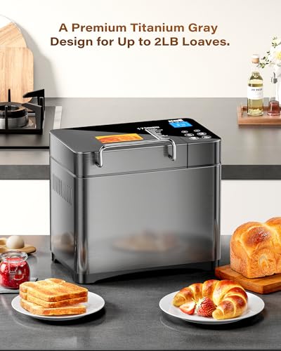 KBS 710W 2LB Bread Maker Dual Heaters, 17-in-1 Stainless Steel Bread Machine with Healthy Ceramic Pan, Automatic Nut Dispenser, Tempered Glass Touch Panel, 3 Crust Colors, 15H Timer& Keep-Warm,Recipes