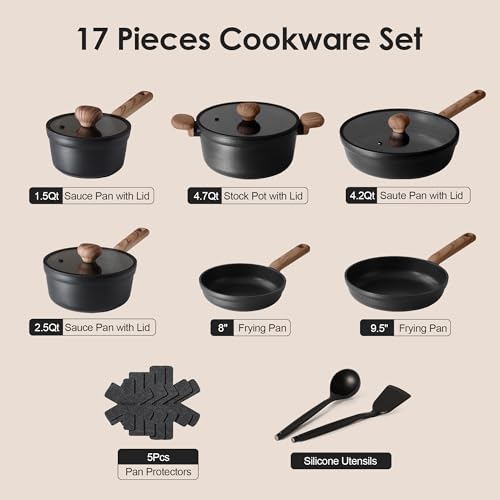 SENSARTE Nonstick Pots and Pans Set 17pcs, Healthy Induction Cookware Set, Kitchen Cooking Set with Skillets & Saucepans, Stay-cool Handles, Dishwasher Safe, PFOA PFOS Free, Matte Black
