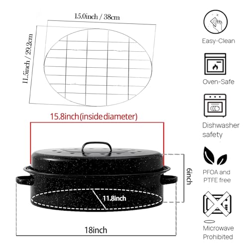 Oval Roasting Pan with Lid and Rack 18" Large Roaster Pan Set Comes With Lron Rack Enamel Cook Ware Dishwasher Compatibility Granite Oven Roaster