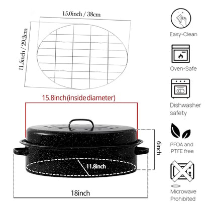 Oval Roasting Pan with Lid and Rack 18" Large Roaster Pan Set Comes With Lron Rack Enamel Cook Ware Dishwasher Compatibility Granite Oven Roaster
