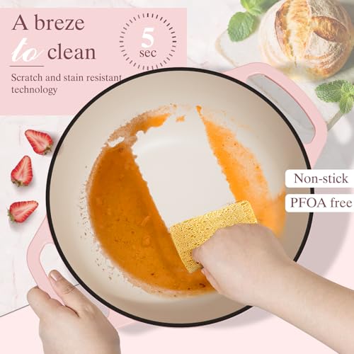 Umite Chef 6QT Enameled Cast Iron Dutch Oven with Lid, Versatile Heavy-Duty Cookware Pot for Baking Bread, Braising, Soups & Stews, Oven & Stovetop Safe with Heat Resistant Gloves(Pink)