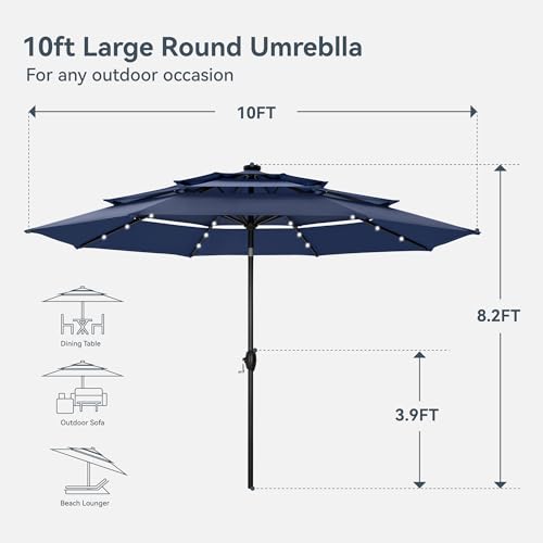 PHI VILLA 10ft Patio Umbrella with Light, Outdoor Large Auto-Tilt 3 Tier Market Table Umbrellas with 8 Sturdy Ribs and 1.5" Pole for Lawn Poolside Garden Terrace,Navy Blue