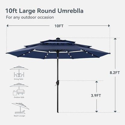 PHI VILLA 10ft Patio Umbrella with Light, Outdoor Large Auto-Tilt 3 Tier Market Table Umbrellas with 8 Sturdy Ribs and 1.5" Pole for Lawn Poolside Garden Terrace,Navy Blue