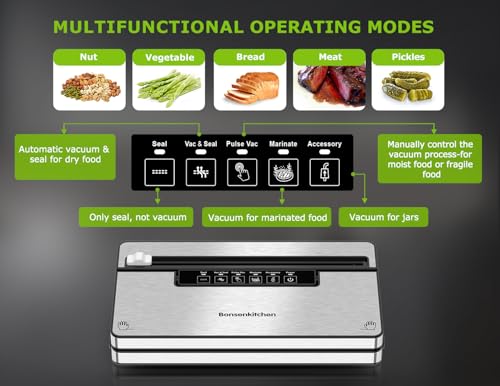 Bonsenkitchen Vacuum Sealer Machine, Stainless Steel Food Sealer Vacuum Sealers with 1 Roll & 5 Bags, 5 Food Vacuum Modes, Built-in Cutter & Bag Storage (Silver Black)