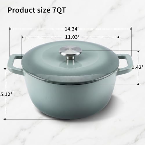 WOKINS 7QT Enamel Cast Iron Dutch Oven with Lid,Dual Handles,Versatile Heavy-Duty Non-toxic Cookware for Sourdough Bread Baking,Braising,Stews,Roasting,Oven Safe up to 500°F green